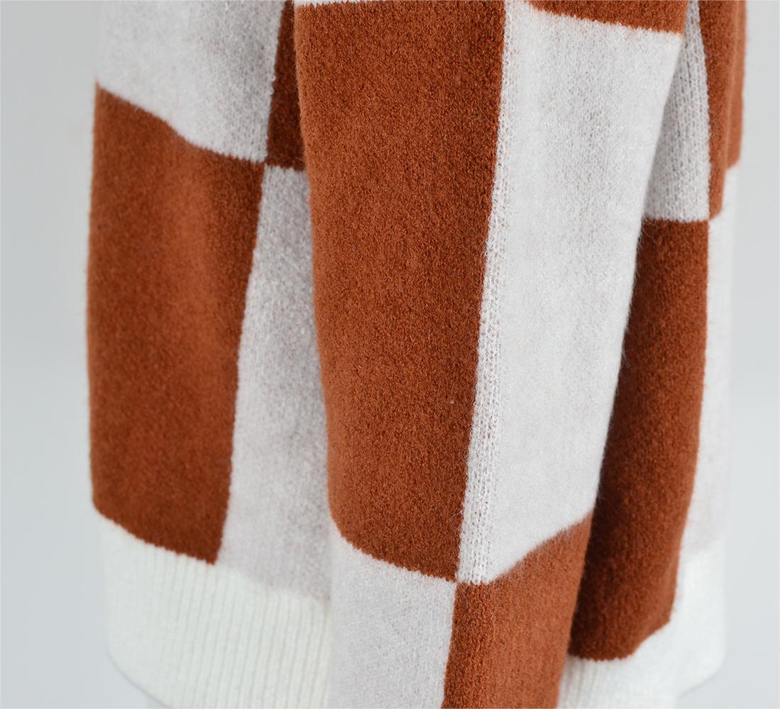 Autumn Winter Women Clothing Cardigan Sweater Plaid Stitching Knitwear Coat