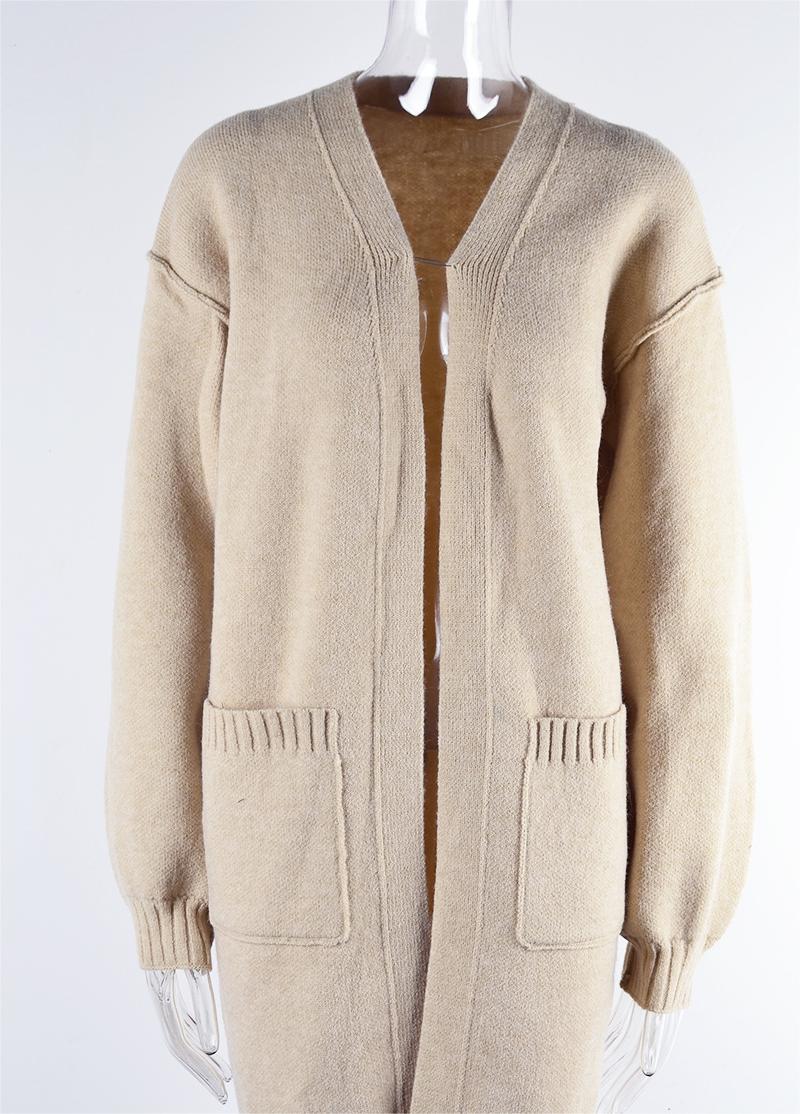 Autumn Winter Women Clothing Knitted Solid Color Pocket Mid Length Sweater Coat