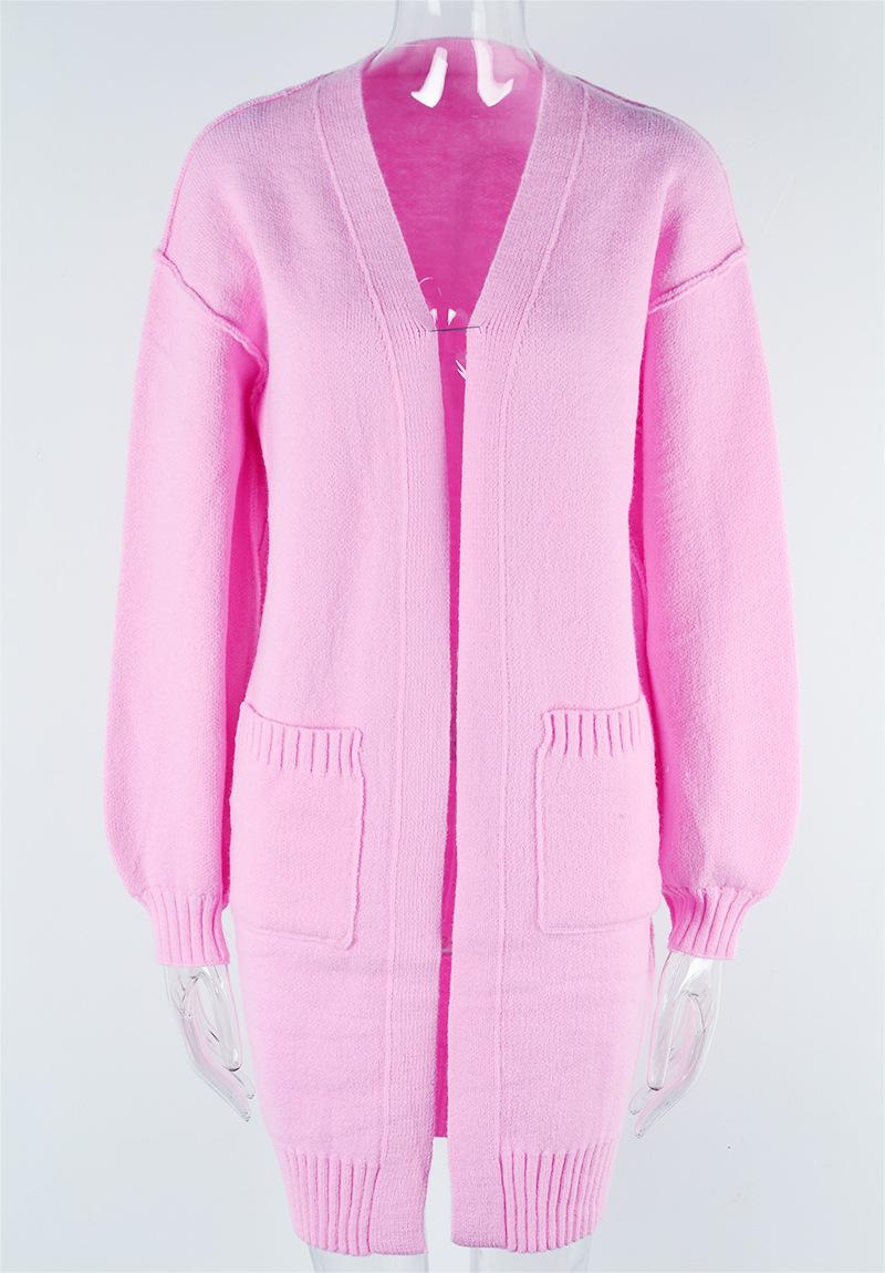 Autumn Winter Women Clothing Knitted Solid Color Pocket Mid Length Sweater Coat