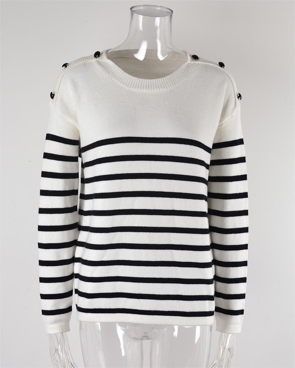 Autumn Winter Pullover Patchwork Button Sweater Striped Stitching Knitwear