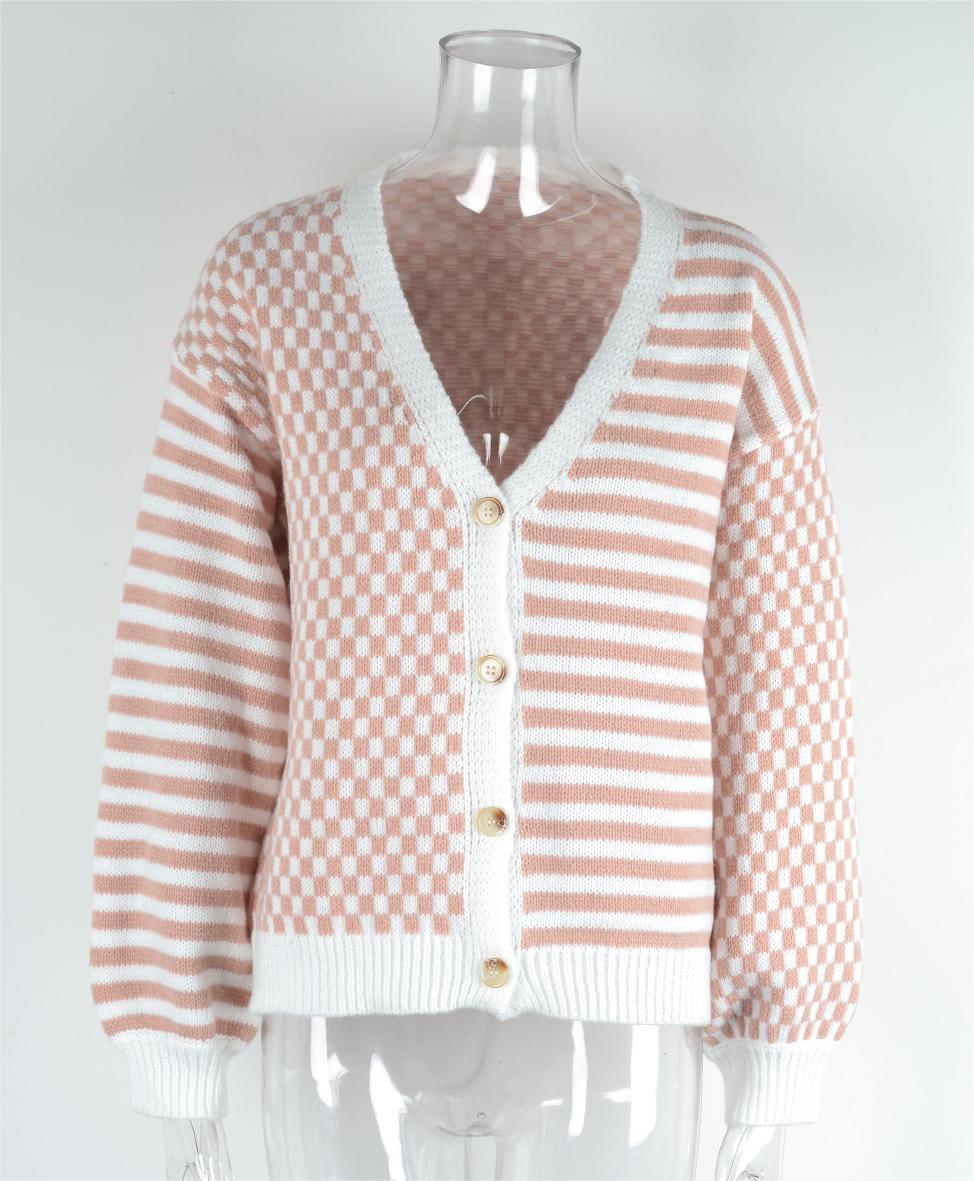 Autumn Winter Knitted Plaid Stitching Striped Cardigan Coat Sweater Women