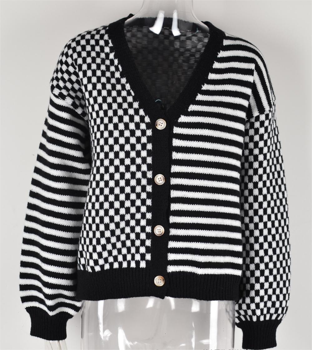 Autumn Winter Knitted Plaid Stitching Striped Cardigan Coat Sweater Women