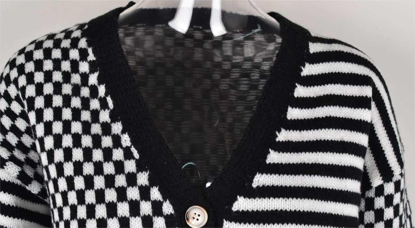 Autumn Winter Knitted Plaid Stitching Striped Cardigan Coat Sweater Women