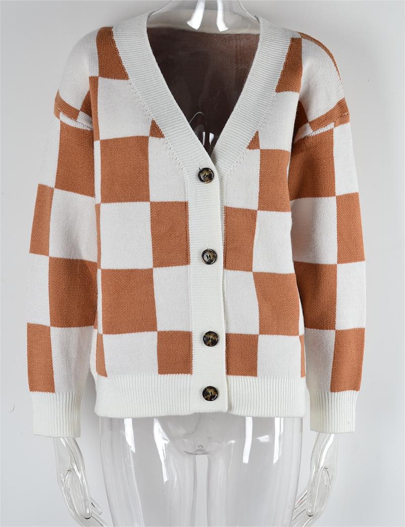 Autumn Winter Plaid Sweater Stitching Cardigan Top Women Knitted Coat Tide