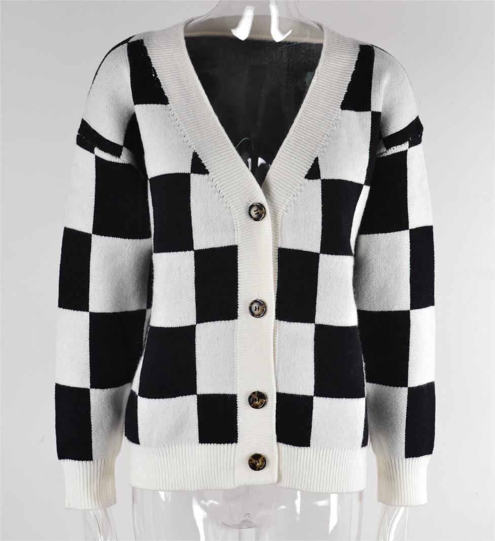 Autumn Winter Plaid Sweater Stitching Cardigan Top Women Knitted Coat Tide