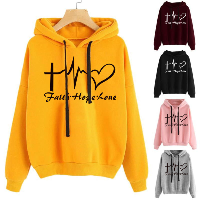 Heart Print Hoodie Sweatshirt Pullover Tops Women Long Sleeve Sports Clothes