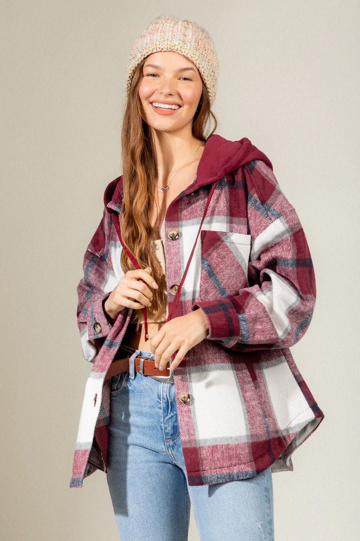 Women Autumn Winter Plaid Shirt Hooded Drawstring Long Sleeve Button Front Hoodie Coat Jacket Pocketed Shacket Shirts Coats