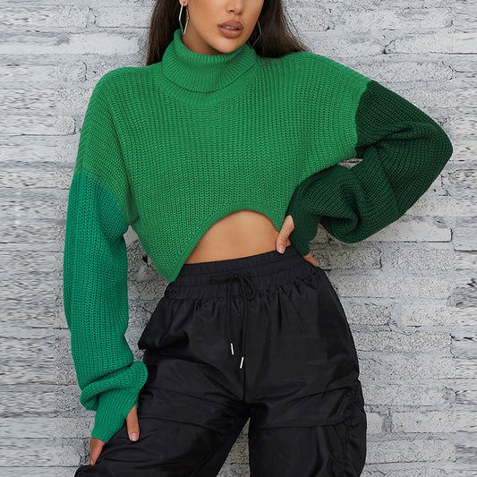 Fall Women Clothing Color Contrast Stitching Long Sleeve Knitted Turtleneck Loose Casual Sweater