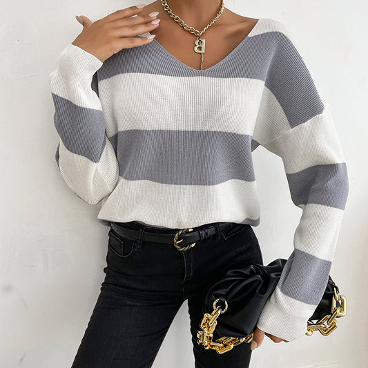 Women Wear Autumn Casual Long Sleeve V neck Striped Sweater Base